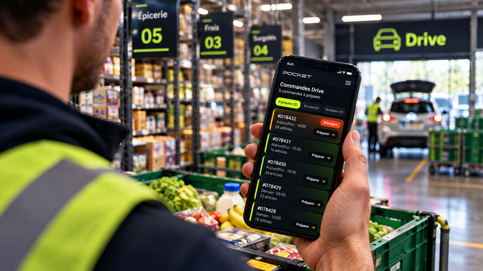 StoreSense — préparateur Drive consultant une commande en magasin